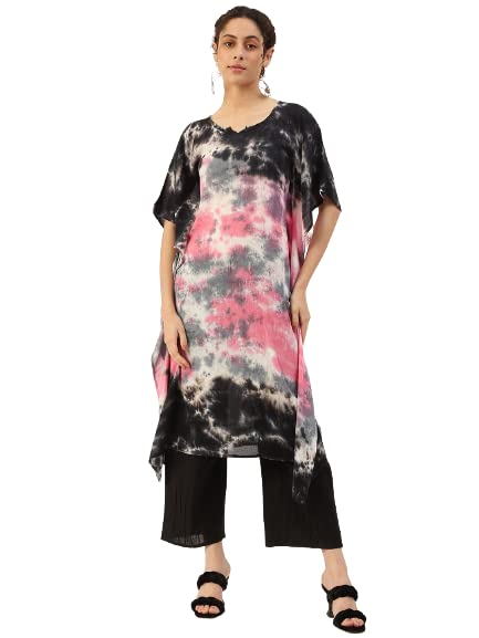Image of Maaesa Women Handcrafted Tie & Dye Rayon Crepe Kaftan Kurta | Casual Wear | Flowy Kaftan Style | Lightweight & Breathable Fabric