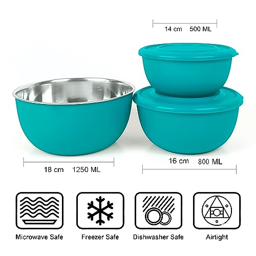 Image of Zaib Microsafe Stainless Steel Food Storage Container Set of 9 (Combo of 3 Sets) | Microwave Safe & Re-heatable Bowls with Lids | Red, Turquoise & Sand Brown | 500ml, 800ml, 1250ml