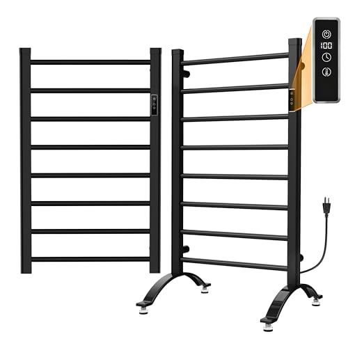 LINKLIFE Heated Towel Warmer Racks Wall Mounted & Freestanding, Waterproof Electric Towel Warmer Racks with 8 Bars, Built-in Timer and LED Display Screen, Matte Black