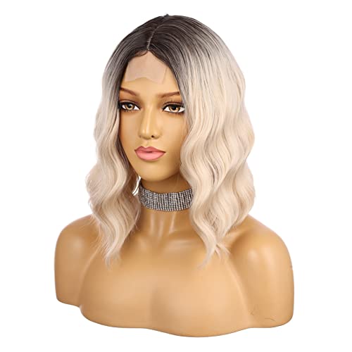 Enilecor Blonde Wig,Short Platinum Blonde Bob Wig,Natural Wavy Ombre Blonde Middle Part Wigs For Women,Synthetic Wig Dark Roots 14" Daily Use Hair For Halloween Cosplay,Party #TOP8