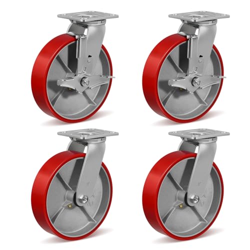 8" X 2" Heavy Duty Casters- Industrial Casters, Polyurethane Casters Wheels, Capacity up to 6000 Lb. Use for Platform Truck, U-Boat Cart,Workbenches (2 Brake&2 Swivel)