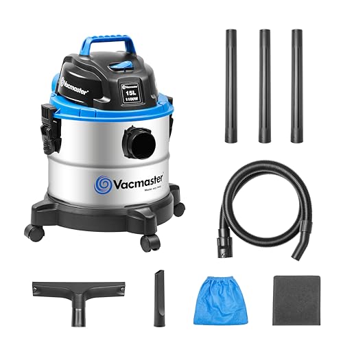 Vacmaster VQ1115S Aspirador en seco y húmedo, Industrial de Acero Inoxidable, Función De Soplador, Toma De Corriente con Herramientas Eléctricas 1100W 15L