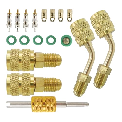Juego de adaptadores duales R410a de 45° y rectos – Hembra de 5/16" a macho de 1/4" con brida SAE, latón/aleación de aluminio, dorado, con extractor de núcleo de válvula y núcleos 5V1 para servicio HVAC de mini split miniatura 2