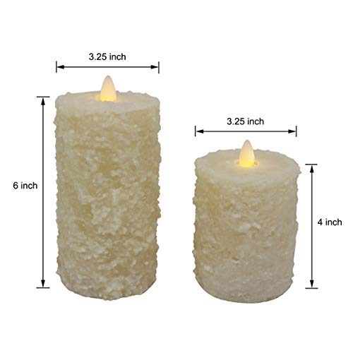 Image of CVHOMEDECO Rustic Textured LED Pillar Candles, Ivory, Set of 2 | Flameless Battery Operated, Timer and Remote Control, Farmhouse Real Wax, Flickering Dancing Flame, H 6 & 4 Inch