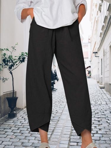 Summer Linen Pants for Women Solid Color Irregular Loose Capri Pants Bohemian Casual Vacation Beach Pants4
