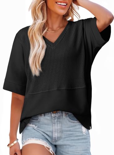 Dokotoo Women’s Summer Tops Black Tshirt Fluffy Touch Waffle Oversized T-Shirts for Women Short Sleeve Spring Top 2025 Trendy V Neck Loose Fit Tees Clothing Clothes Casual Dressy Size Medium