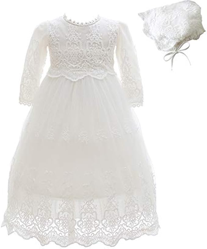 Silver Mermaid Baby Girls Long Sleeve Baptism Dress Floral Embroidery Christening Blessing Gown