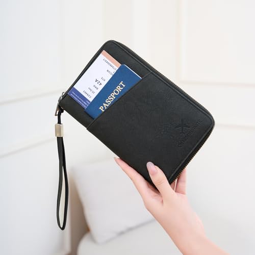 Toctax Reisepass Tasche Familie Reiseorganizer mit RFID-Blocker, Reisepass Organizer Reisepasshülle für Damen und Herren (Schwarz)