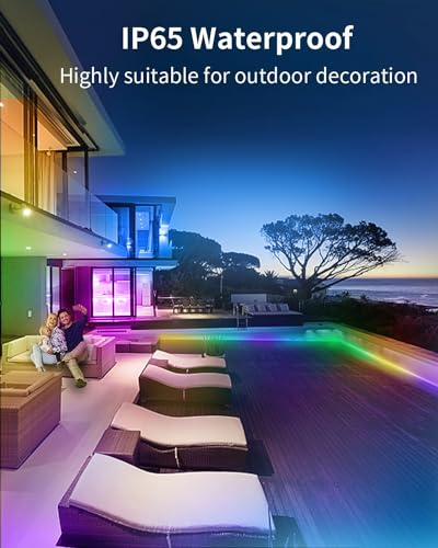 Image of 33ft Outdoor Waterproof LED Light Strips, 12v Outdoor RGB Led Strip Lights with Bluetooth Music Sync App Remote, Christmas Lights Decor Rope Lights