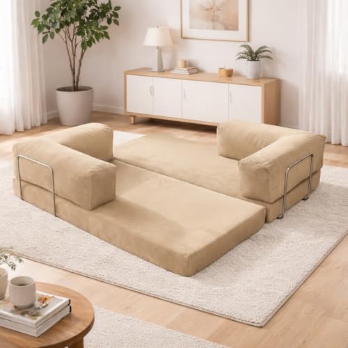 Image of Torque Vegas Three Seater Sofa Cum Bed for Sleeping-Beige | Premium Suede Fabric 3-Seater Double Foam Fold Out Sofas Bed | Convertible 3-in-1 Sofa Cuma Bed for Office