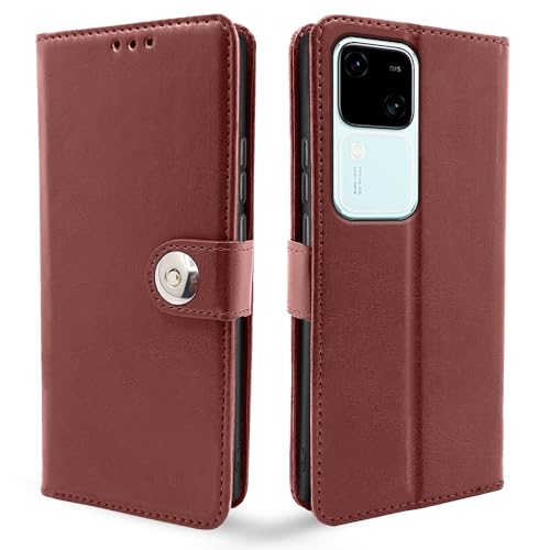 Image of Pikkme Vivo V30 5G Flip Cover Leather Finish | Inside TPU with Card Pockets | Wallet Stand and Shock Proof | Complete Protection Button Flip Case (Brown)