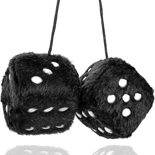 YGMONER Black Fuzzy Dice for Car Rear View Mirror Pair of 2.75 Plush Dice Retro Hanging Ornaments Car Interior Rearview Mirror Decor Accessories (Black)