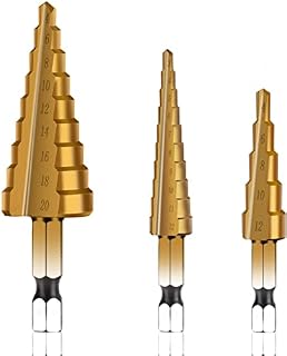 3Pcs HSS Titanium Coated Step Drill Bit Set, 1/4" Hex Shank Drive Quick Change High Speed Steel Cone Drill Bit for Sheet Metal Wood Plastic Hole Drilling Cutting (Metric 3-12mm/ 4-12mm/4-20mm)