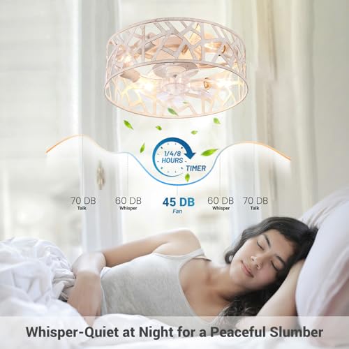 Image of Flush Mount Fandelier Ceiling Fan with Lights and Remote, 18 inch Caged Ceiling Fan with Light Vintage White, Farmhouse Ceiling Fans for Bedroom, Kitchen, Living Room