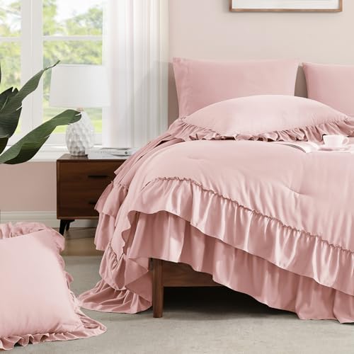 Image of King Size Comforter Set Soft Pink Ruffle 7 Pieces Farmhouse Bed in a Bag | Shabby Chic Fluffy All Season Bedding Sets with Sheets, Pillowcases & Shams