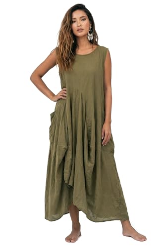 Image of Thaluta Women's Boho Cotton Sleeveless Dress Casual Loose Fit Maxi Dress with Big Pockets Fair Trade Light Summer Sundress