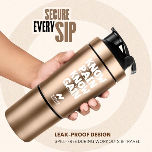 Image of Stainless Steel Shaker Bottle for Protein, 590ml Water Bottle with Extra Compartment | Leak-Proof, BPA-Free, Durable, and Multi-Functional for Protein Shakes (Bronze)