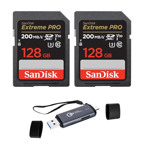 Image of SanDisk Extreme PRO 128GB 2-Pack UHS-I U3 SDXC Memory Card + Green Extreme USB 3.0 Type-A and Type-C OTG Card Reader