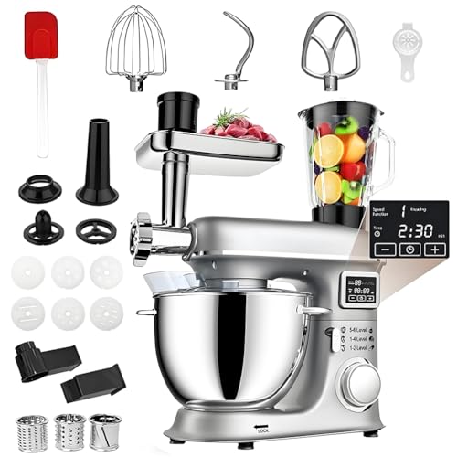 8-in-1 Stand Mixer,8L Fermentation Electric Kitchen Mixer, 6 Speed Tilt-Head with Stainless Steel Bowl and LED Display,1.5L Glass Jar, 1500w Food Mixers For Baking, with 3 Types Of Mixers silver