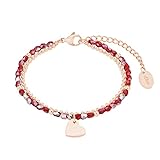 armschmuck damen leder Kleine rote Glasperlen und eine IP Rose Edelstahlbeschichtung an romantischem Herz
