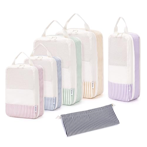 Narwey 6 Set Striped Compression Packing Cubes for Travel Kids Women, Durable Packing Organizers Bag for Carry on Luggage Suitcase Duffle Bags Backpack (Stripe Combined)