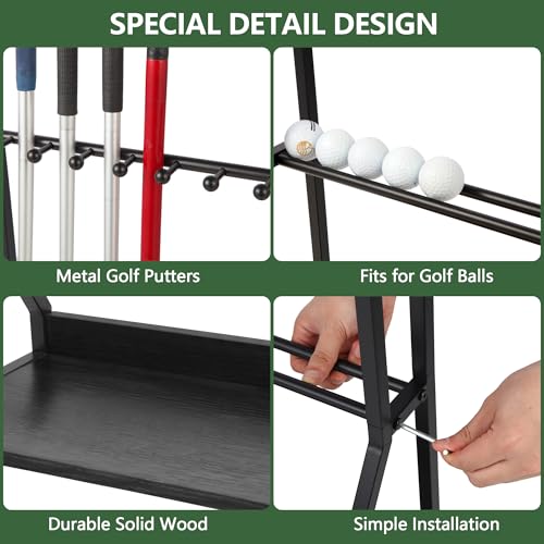 Image of Golf Club Holder for 9 Clubs & 9 Balls, Solid Wood & Iron Golf Organizer, Golf Putter Holder Floor Stand, Golf Club Stand Suitable for Golf Simulators|Golf Course Accessories