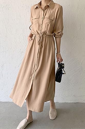 Image of Women Roll-Up Long Sleeve Button Down Shirt Midi Dress