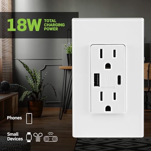 Image of Leviton 18W USB Type-A /C in-Wall Charger with 15A Tamper-Resistant Outlet, USB Charger for Smartphones, Not for Laptops, T5638-W, White