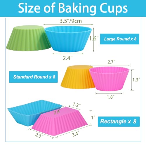 Image of 24Pack Silicone Muffin Cups, Reusable Cupcake Liners Molds for Baking, 3 Shapes Lunch Box Bento Dividers-Round, Square, and Rectangular (Colorsful, Large Size)