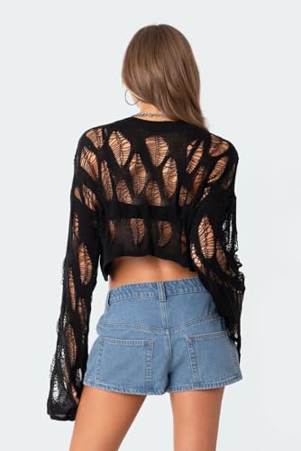 Women Goth Distressed Sweater Long Sleeve Y2K Hollow Out Ripped Knit Crop Tops Oversized Grunge Pullover Top4