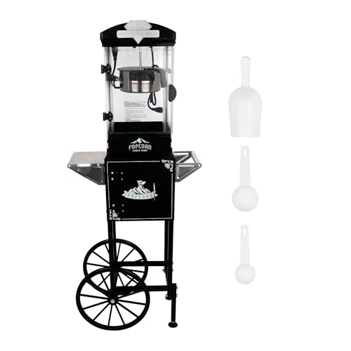 Image of 8 Oz Popcorn Machine with Cart (Black) - Compact Vintage Popcorn Maker - High Efficiency One Touch Operation with 3 Plastic Spoons, Storage for Movie Nights, Party