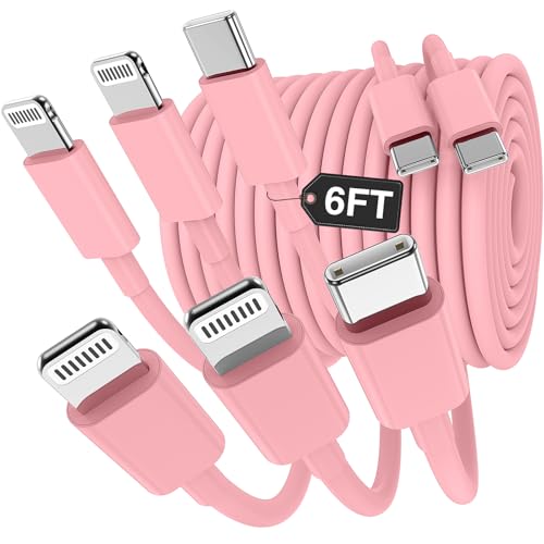 3 in 1 Multi i-Phone Charger Cable 6FT, USB C to Lightning Cable with 3 Ports for iPhone 16/15/14/13/12/11 Pro Max/XS/XR/8 & iPad Pro/Mini/,Apple Fast Charging Cord (2-Pack, Pink)