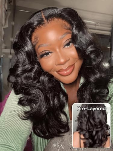 Image of Beauty Forever Bye Bye Knots 7x5 HD Lace Body Curl Wig Human Hair with Feathered Layers & Invisi Drawstring,180% Density Natural Black Blowout Wig Soft C-Shape Ends Glueless Pre-Cut Lace Wig 22inch