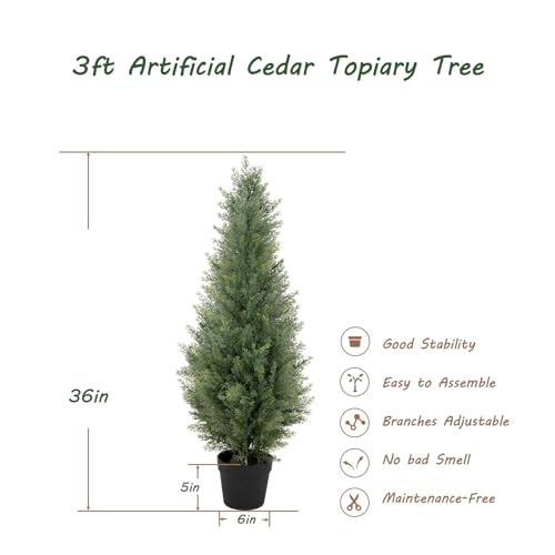 Image of Bellacat 3ft UV Resistant Artificial Topiary Trees Outdoor, 35in Faux Cedar Tree with Full & Realistic Leaves, Fake Cypress Tree for Front Door Proch Patio Deck Balcony Yard Decor