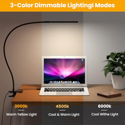 Image of ELEPHANTBOAT Table Lamp for Study Room, 3-Color Dimmable LED USB Table Lamp for Study Desk, Flexible Clamp-On Desk Reading, Study, Work Light for Home Office