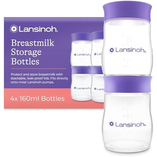 Lansinoh Butelki do przechowywania mleka matki, 4 x 160 ml, można układać w stos, bez BPA, szczelne, niezbędne do karmienia piersią, lodówka, zamrażarka, wielokrotnego użytku, pojemniki do