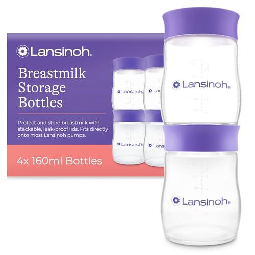 Lansinoh Botellas de almacenamiento de leche materna, 4 x 160 ml, apilables, sin BPA, a prueba de fugas, para recién nacidos, artículos esenciales para refrigerador, congelador, recipientes