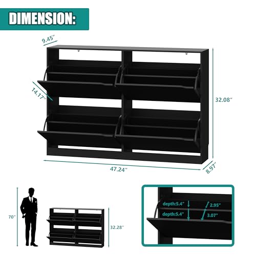 Image of Xixini Shoe Storage Cabinet for Entryway with 4 Flip Drawers, Sturdy Wood Hidden Shoe Storage, Freestanding Narrow Slim Shoe Organizer for Front Door Entrance, Living Room, Hallway, Bedroom, Black