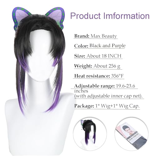 Image of LABEAUTE Shinobu Cosplay Wig with Butterfly Hair Clip, Anime Short Wig with Cap for Halloween Cosplay Party, for Demon Slayer (Black Purple Short)