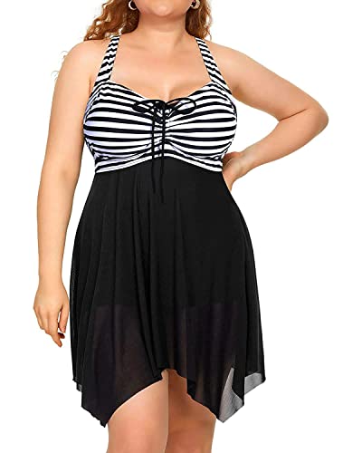 Image of Daci Plus Size Mesh Swim Dress Two Piece Swimsuits with Shorts | Modest,High Waisted Short,Removable Cups,Adjustable Shoulder Straps