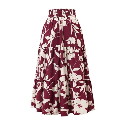 Floral Maxi Skirt for Women Summer Comfy Tiered Elastic High Waisted Skirts Vacation A-Line Flowy Swing Long Skirts