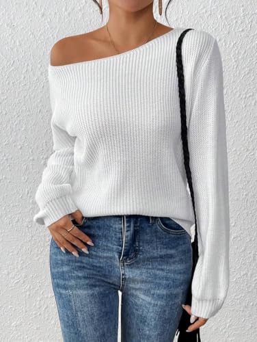 SKAYS Womens Off The Shoulder Sweater Asymmetrical Neck Fall Ribbed Knit Long Sleeve Pullover Sweaters for Women Lightweight Tops White S4