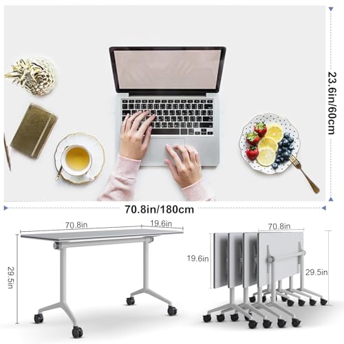 6-Pack Modern White Office Folding Conference Table,70.8In Conference Room Table with Caster Wheels,16FT Flip Top Mobile Training Table,Foldable Meeting Table for Office,Meeting Room