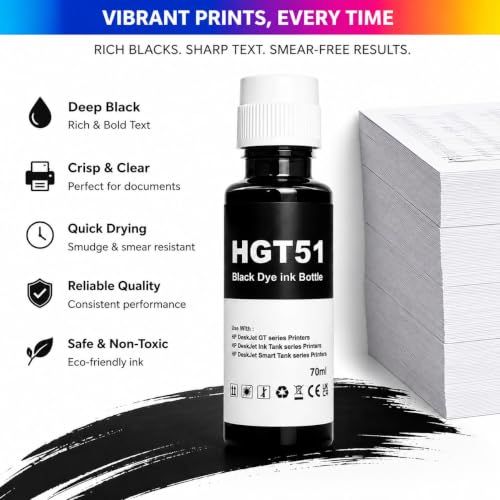 Image of ROHINK GT51 GT52 Ink Refill Dye Ink Compatible with HP Ink Tank 115, 310, 315, 319, 410, 415, 416, 419, 455, 500, 515, 530, 615, GT 5810, GT 5811, GT 5820 (HP HGT 51 Black Pack 1)