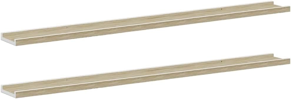 vidaXL 45.3"x3.5"x1.2" Modern Wall Shelves - Set of 2, Durable MDF Construction, White and Sonoma Oak, Easy to Clean, Suitable for Various Display