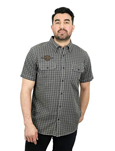 Harley-Davidson Mens Vintage Logo B&S Stonewashed Plaid Short Sleeve Woven Shirt Slim Fit (Large Slim) 99102-20VM