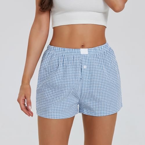 Image of Women Y2k Gingham Boxer Shorts Plaid Striped Cute Mini Bloomers Elastic Waist Loose Fit Summer Shorts