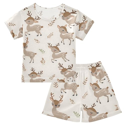 ALAZA Cartoon Deer Leaf Pajamas Short Sleeve 2 Piece Sleepwear Top and Bottom Pajama Set Unisex