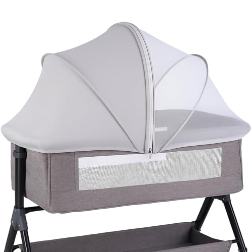 KALYVON Portable Bassinet Cover for Cats & 2-Way Zipper Half-Blackout Mosquito Net with Sunshade Breathable Bassinet Net Cover Mosquito Net for Baby Crib to Keep Cats Out Grey