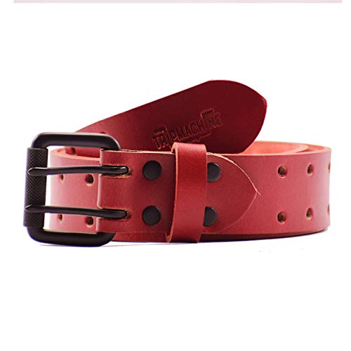Trip Machine Company Genuine Leather Men's Belt for Everyday Use - Cherry Red Double Pin